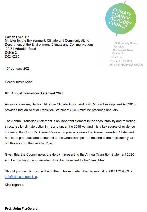 Climate Change Advisory Council letter re Annual Transition Statement 2020